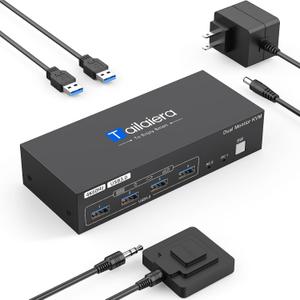 4K HDMI KVM Switch 2 Monitors 2 Computers 4K@60Hz, with 4 USB 3.0 Ports for 2 Computers Sharing 2 Monitors Keyboard Mouse Printer with 2 USB Cables, Power Adapter and Controller