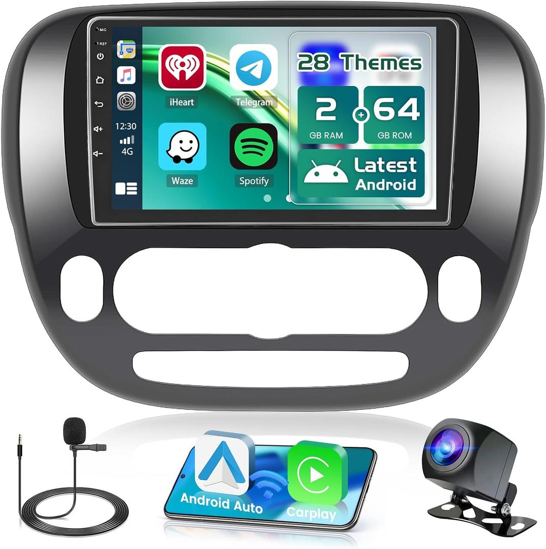 [2+64G] Android 15 Car Radio Stereo for Kia Soul 2014-2017, 9 inch IPS Touch Screen Radio, Wireless Carplay/Android Auto/Bluetooth/GPS/FM RDS/EQ/WiFi +Free AHD Cam