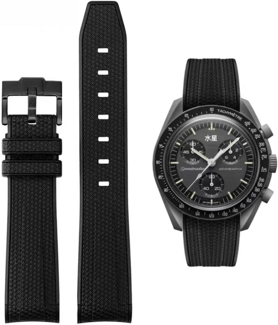 Bands for Moonswatch Watch Rubber for Omega x Swatch MoonSwatch 20mm Rolex Seiko Watch Silicone Men with Stainless Steel Replacement Bracelet Original Bracelet Omega x Swatch MoonSwatch Speedmaster (Black-black buckle)