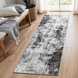 2x6 Washable Runner Rugs for Hallway: Easy-to-Clean Abstract Runners for Entryway Bedroom - Stain and Water Resistant Rugs with Non-Slip Backing - Soft Low-Pile Carpet Black Grey
