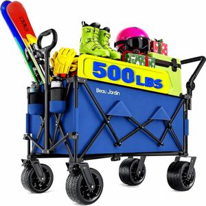 BEAU JARDIN Folding Push & Pull Beach Wagon 500 lbs Collapsible Foldable Wagons with Push Handle All Terrain Wheels Grocery Utility Camping Skiing Ice Fishing Sports Garden Wagon Cart Christmas Blue (Extra Large)