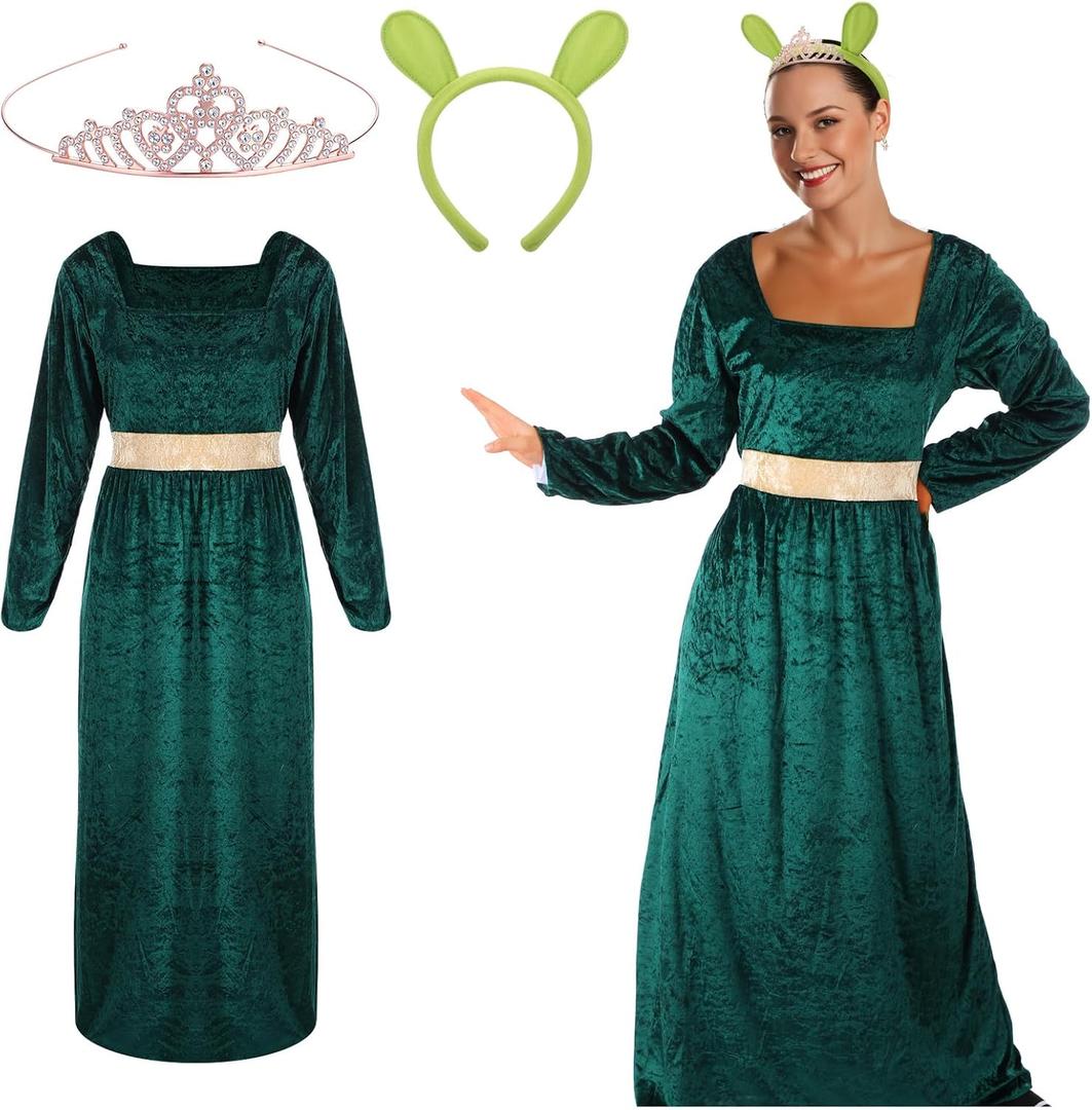 Mepase 3 Pcs Halloween Green Princess Costume for Women Green Dress Ogre Ears Headband and Crown for Monsters Princess Cosplay Halloween Party Dress up Accessories