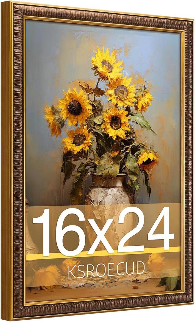 16x24 Picture Frame, HD Real Glass 16x24 Vintage Photo Frame, 16 by 24 Poster Frame with Vintage Gold Border Horizontal & Vertical Display for Tabletop or Wall Decor (1 Pack)