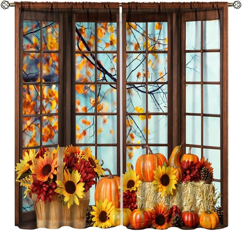 Autumn Blackout Curtains Outside The Window Maple Leaves Pumpkin Sunflower Decorative Curtains for Kitchen Bedroom Living Room 27.5x63in,2 Panel Set