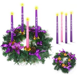 Kathfly 5 Pcs Christmas Advent Wreath with 4 Flameless Candles Holder with Hope Peace Love Joy Candle Christmas Centerpiece Decorations Pine Cones Bowknot for Xmas Advent Holiday Party (Purple)