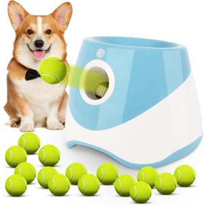 FAHKNS Automatic Dog Ball Launcher for Small Dogs,10-30FT Adjustable Throwing Distance,Rechargeable Indoor&Outdoor Interactive Dog Toy Ball Thrower with 15 Mini Tennis Balls,Blue