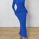 BTFBM Women Bodycon Maxi Dress Long Sleeve Back Slit Ruched Elegant Party Cocktail Formal Fall Wedding Guest Dresses (Blue)