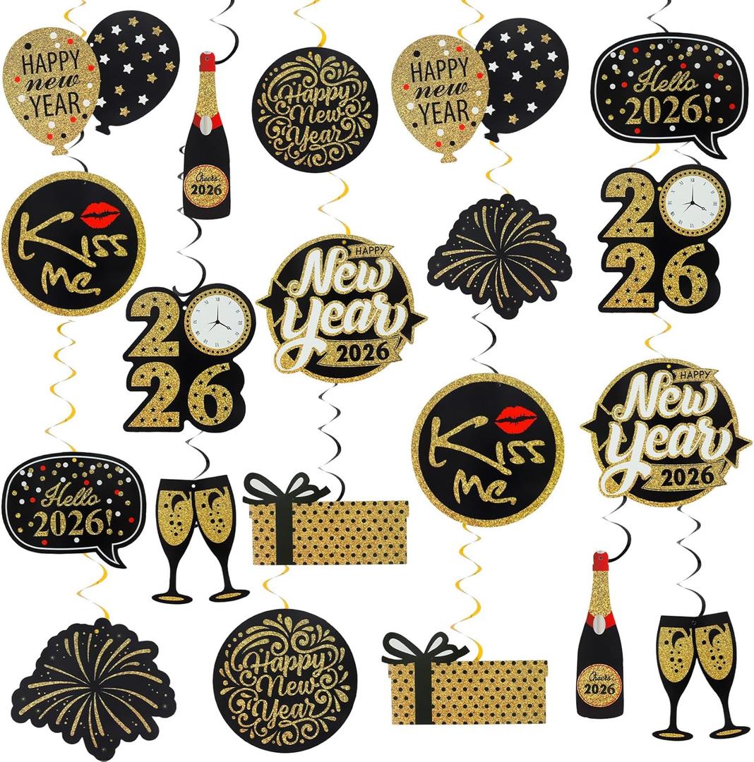 2026 New Years Decorations, 40 Pcs Happy New Year Hanging Swirls Black and Gold New Year Hanging Decorations New Years Eve Party Supplies Happy New Year Decorations for Home Office School 2026 Party