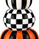 Briwooody 16.9 Inch Stacked Resin Pumpkin Decor, 3 Layers Halloween Artificial Fake Pumpkin Tower, Black White Checkered Orange Striped Halloween Autumn Decoration for Outdoor Indoor Porch Home Party
