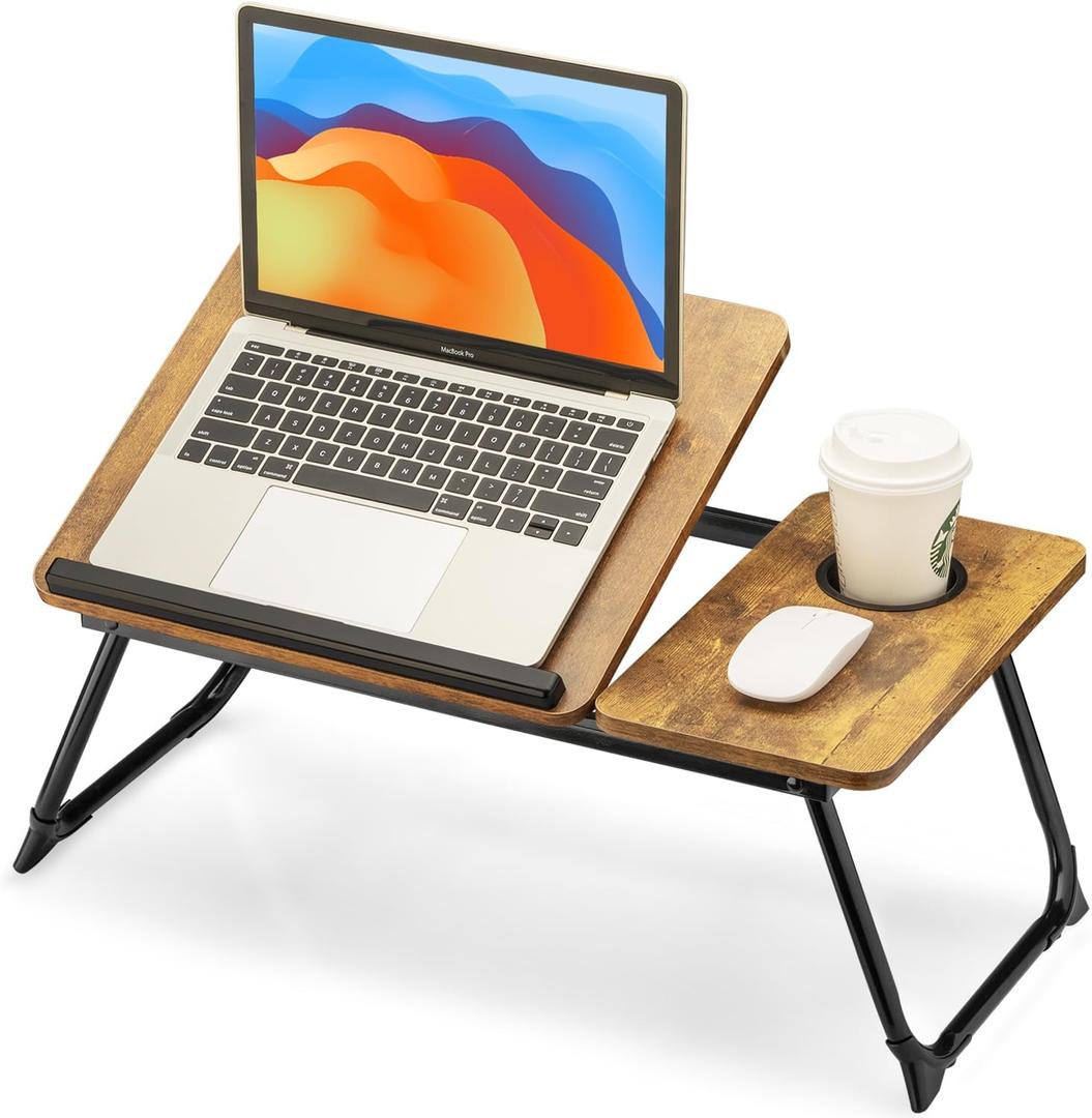 FISYOD Foldable Laptop Desk for Bed Couch, Adjustable Split Lap Desk with Cup Holder, Portable Lightweight Bed Table Tray, Heavy-Duty Laptop Stand for Working, Writing, Reading and Eating - Brown