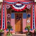 14 Pcs 4th of July Porch Decorations Patriotic Bunting Outdoor Hanging Decor with Red White Blue Paper Fans American Flags Door Banners Garland for 250th Anniversary Veterans Day Outdoor Porch Decor