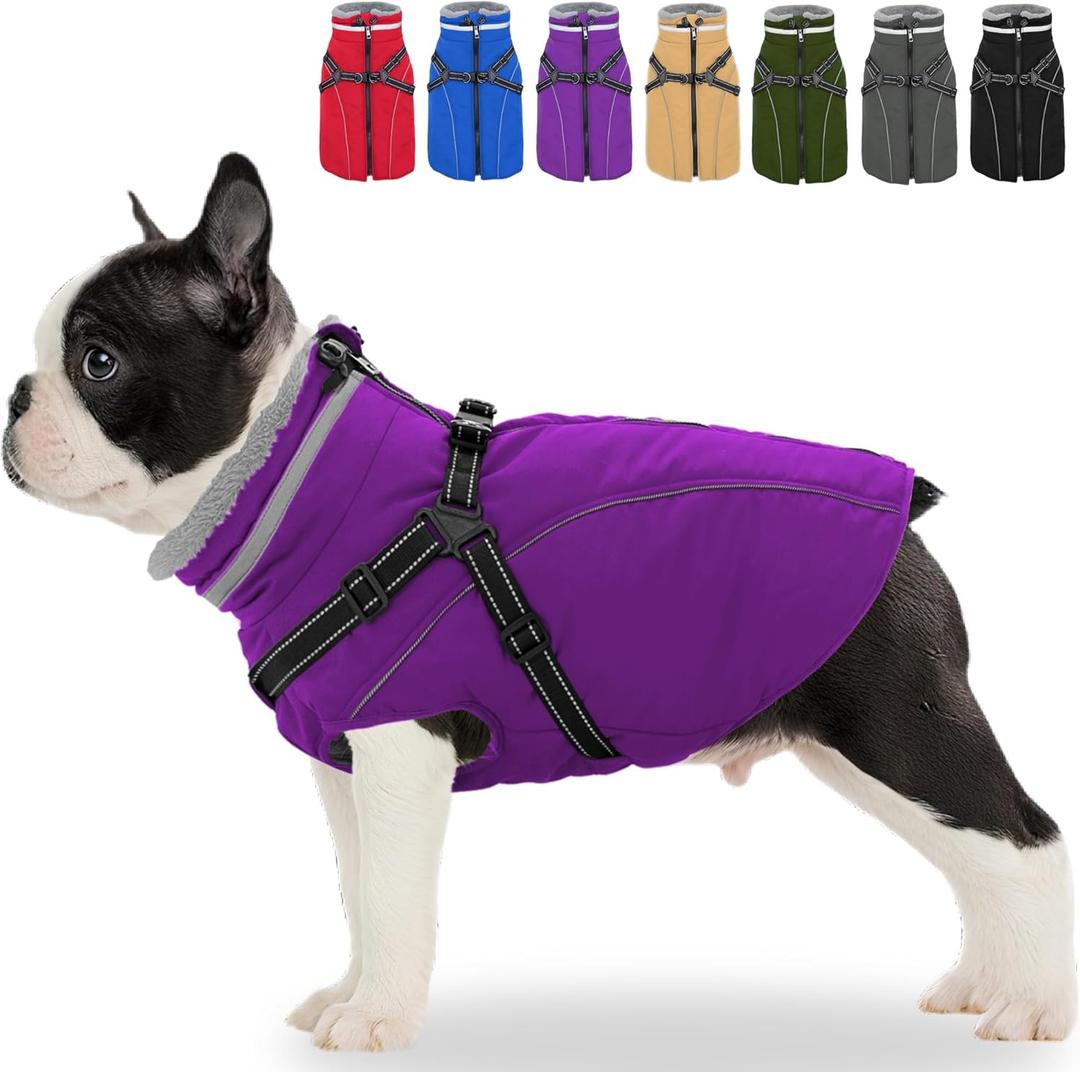 Fragralley Dog Coat with Harness Built in, Waterproof Windproof Reflective Warm Puffer Jacket, Fleece Lined Vest Winter Parka for Small, Medium, Large Dogs (Purple)