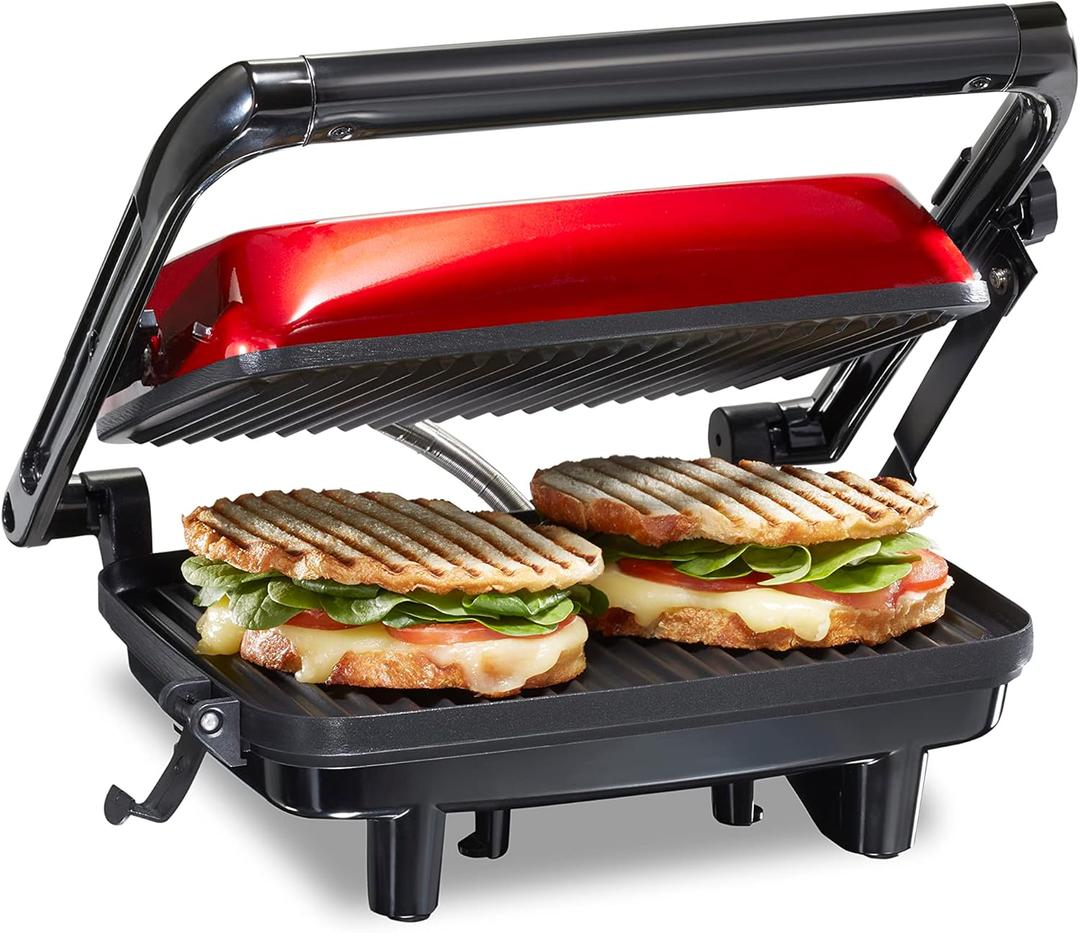 Hamilton Beach Panini Press Sandwich Maker & Electric Indoor Grill with Locking Lid, Opens Wide to Fit Any Thickness for Quesadillas, Burgers & More, Nonstick 8" x 10" Grids, Red (25462Z)