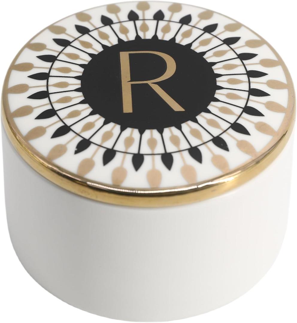 COLLECTIVE HOME - Monogram Jewelry Box, Bohemian Ceramic Trinket Box, Storage for Necklace Ring Bracelet Keys, Birthday Mother's Day Christmas Gift for Women, 3.25" x 2.5" (R)