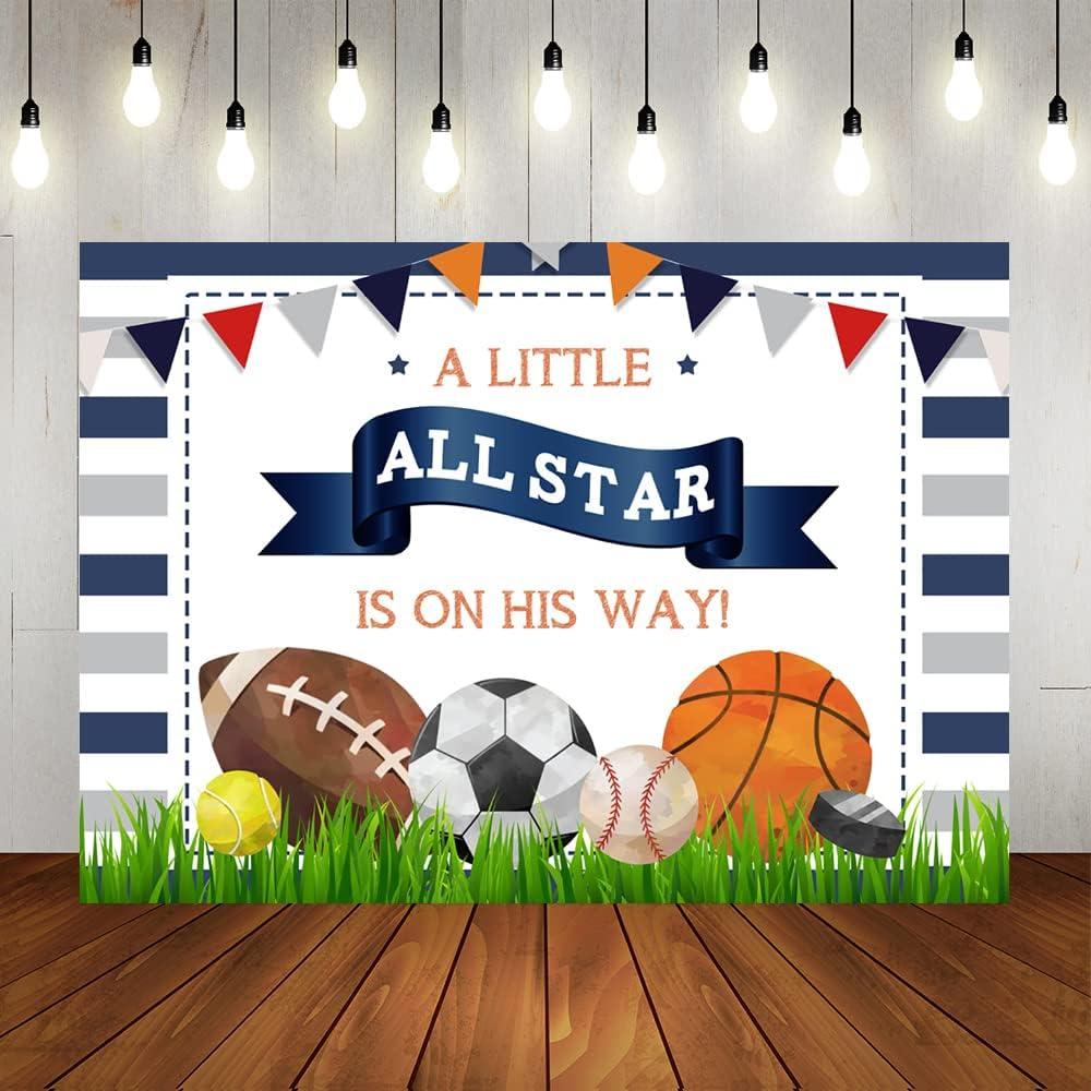 Lofaris A Little All Star is On His Way Baby Shower Backdrop Boys Sports Birthday Background Football Basketball Tennies Golf Newborn Baby Party Decorations Banner Photo Studio Booth Props 7x5ft