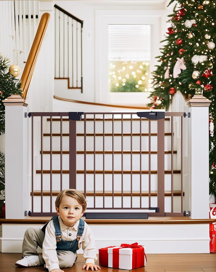 Cumbor 29.7-48" Baby Gate for Stairs, Mom's Choice Awards Winner-Dog Gate for Doorways, Auto Close Safety Pet Gate for Dogs Indoor, Easy Install Pressure Mounted Child Gate with Walk Thru Door, Brown