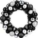 NJN 13in/33cm Christmas Ball Wreath Ornament, Black Silver Christmas Decoration, Home Party Front Door Decorative Shatterproof Hanging Xmas Decors