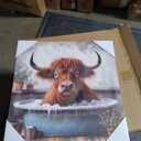 Poemwish Highland Cow Wall Art in Bathtub, Whimsical Highland Cow Decor, Surreal Canvas Wall Art with Bubble Bath, Quirky Animal Painting with Vintage Tub 16x16 Inch