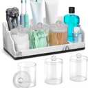 Marble Bathroom Countertop Organizer, Toothbrush Holders for Bathroom with 3PCS Qtip Holder Dispenser and Toothpaste Holder Drainage for Bathroom Accessories Organization Counter Vanity Storage (With 2 Electric Toothbrush Slots, White)