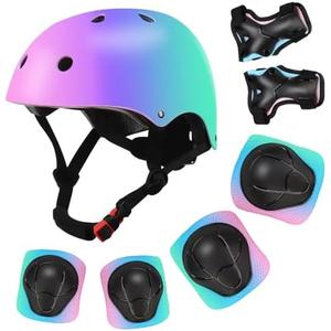 Color Gradient Adjustable Kids Bike Helmet with Knee & Elbow Pads Set | Multi-Sport Safety Gear for Boys & Girls Ages 5-14 | Skateboarding, Scooters, Roller & Inline Skating, Longboarding, M