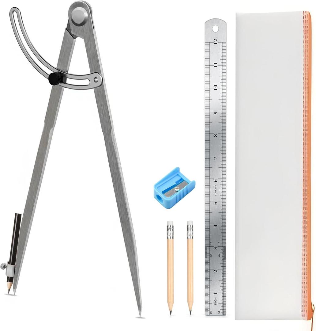 12 inch Compass for Geometry, Compass for Woodworking, Precision Woodworking Compass with Wing Divider and Pencil Holder, Large Compass for Geometry, Woodworking Compass, Drafting, Drawing Compass