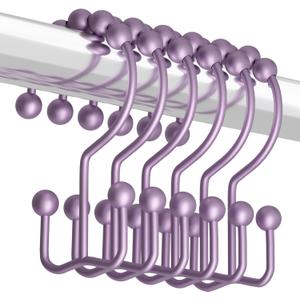 Titanker Shower Curtain Hooks Rings, Rust-Resistant Metal Double Glide Shower Hooks for Bathroom Shower Rods Curtains, Set of 12 Hooks - Greyish-Purple