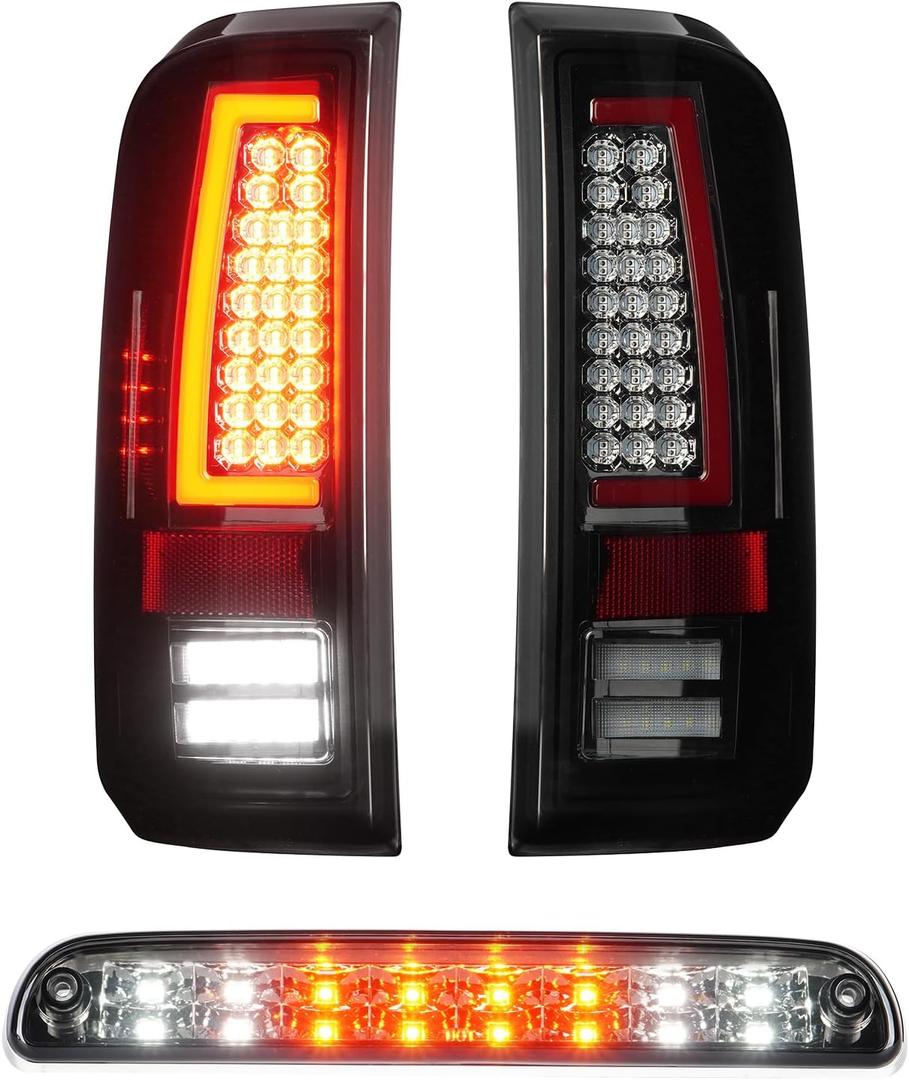 Tail Lights Assembly [LED Kit] + 3rd Third Brake Cargo Lamp Fit for Ford F250 F350 F450 F550 Super Duty 2008-2016, Rear High Mount Stop Light & Taillights Set, Chrome Housing Smoked Lens