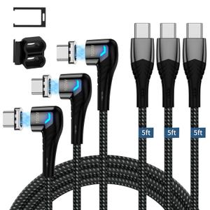 ZBF 100W USB C Magnetic Charging Cable, Right Angle Magnetic Phone Charger Cable(3 Pack, 5/5/5FT) 5A Fast Charging for Mac-Book Pro/Air, Pad Pro,Phone 17 16,14,13 Pro Max,Mac-Book Pro Pad Galaxy S22