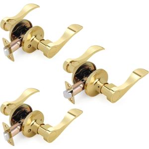 Gold Wave Style Door Handles (No Lock and Key), Non-Locking Reversible Gold Door Lever for Bathroom and Interior Closet, Polished Brass, 3 Pack