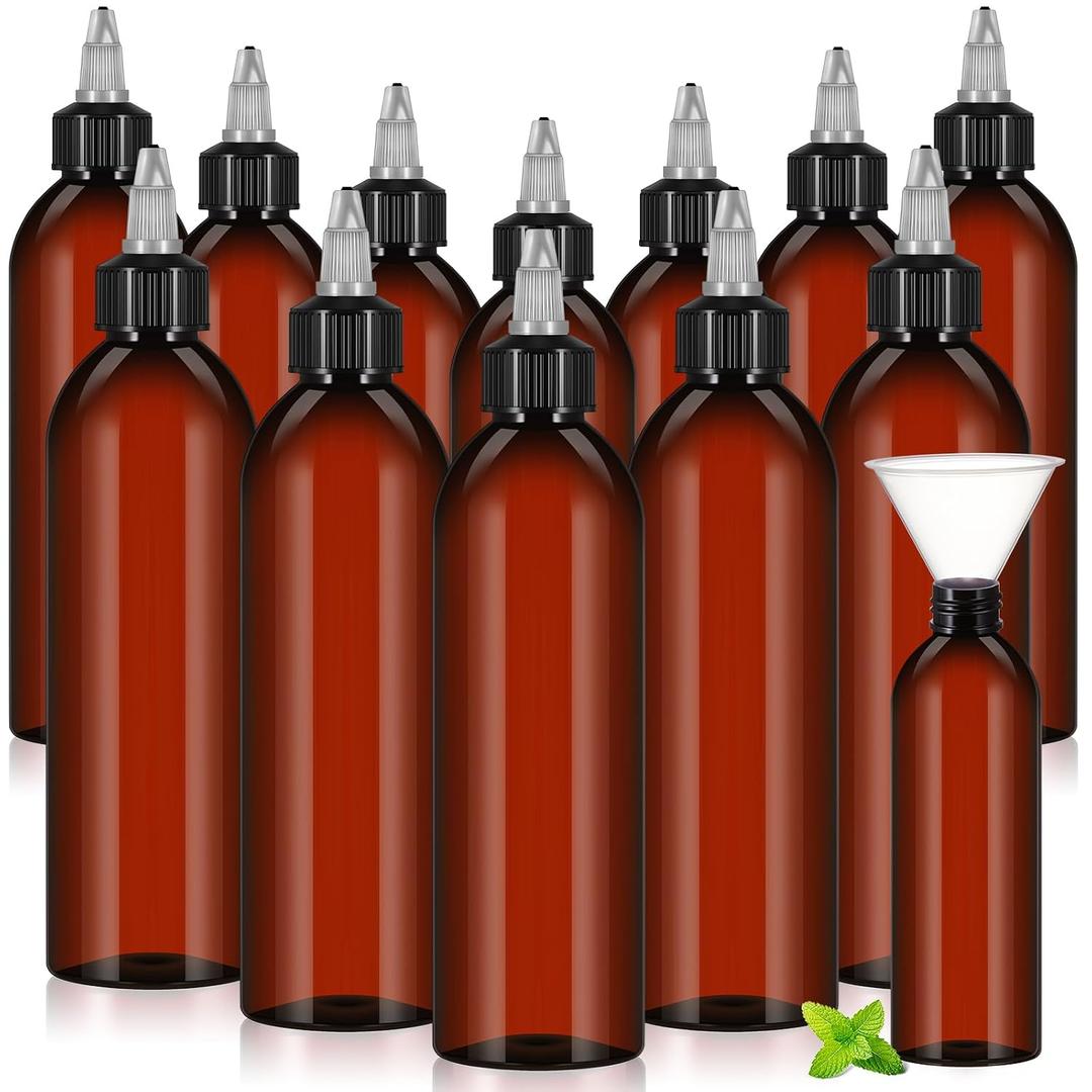 Barydat 6 Pcs 8 oz Squeeze Bottle Twist Top Applicator Empty Hair Oiling Bottle with Funnels Refillable Plastic Liquid Containers for Liquid Hair Oil Shampoo Lotion (Amber)