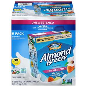 Almond Breeze Dairy Free Almondmilk, Unsweetened Vanilla, 32 Ounce (Pack of 6), Best Before Mar 04 2026 