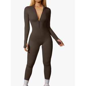 OQQ Women Yoga Jumpsuits Workout Ribbed Long Sleeve Zip Front Sport Jumpsuits Size L