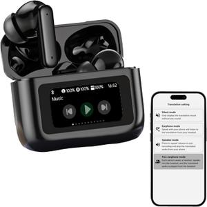 Wireless Bluetooth AI Translation Earbuds with Touch Screen Case Support 150 Languages Smart Translating Headphones Real Time ANC Noise Cancelling Translator Ear Buds for iPhone Android Work Travel (Black)