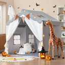 besrey Kids Tent, Kids Play Tent 2 in 1 with Padded Mat and Lights, Large Playhouse with 2 Doors & 4 Windows, Indoor & Outdoor, Halloween Toddler Playhouse, 51" x35" x 51" (Gray)