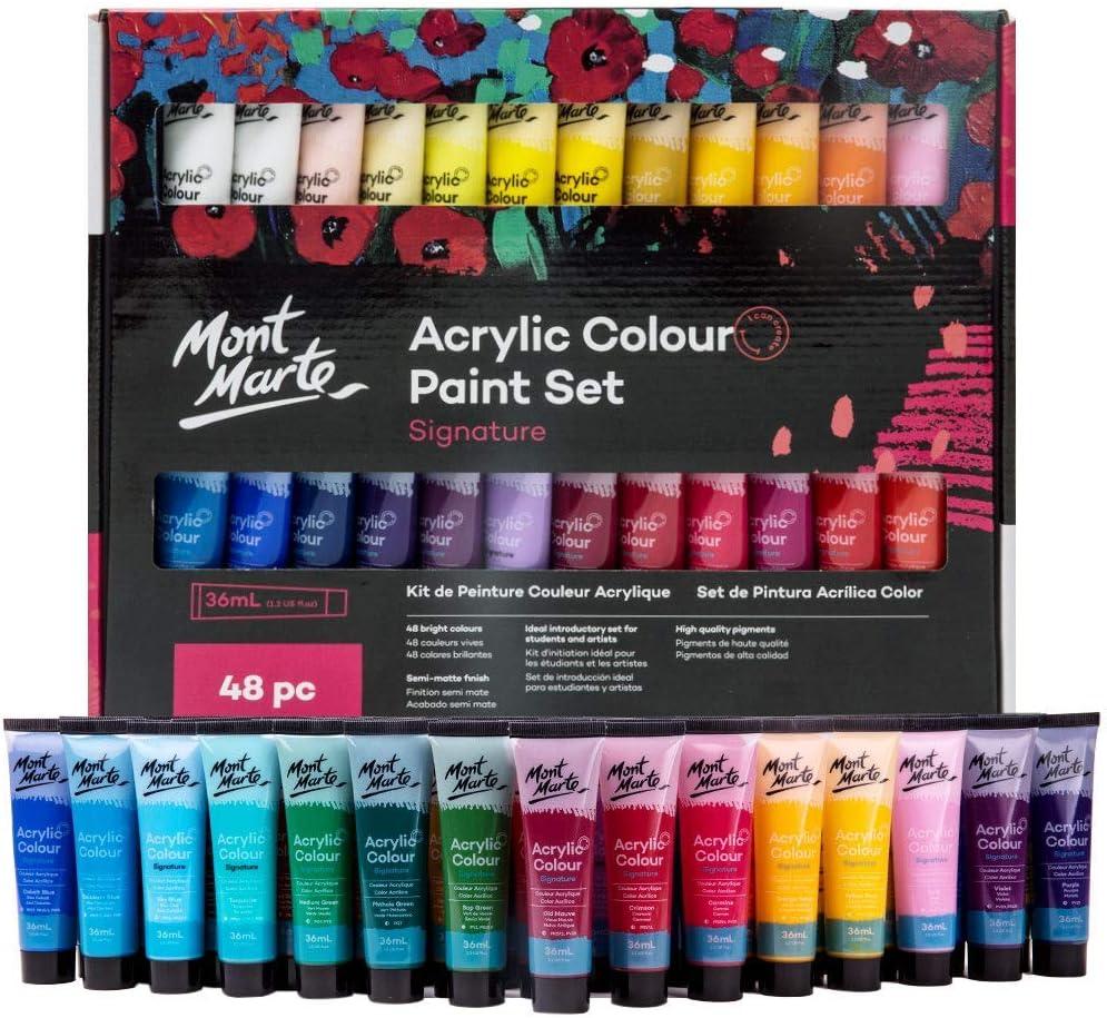 Mont Marte Signature Acrylic Paint Set, 48 Colors x 36 ml, Semi-Matte Finish, Suitable for Canvas, Wood, MDF, Leather, Air-dried Clay, Plaster, Cardboard, Paper and Crafts (48 Count (Each 1.22 Fl Oz))