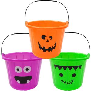 Zcaukya 3 Pack Halloween Buckets, Halloween Plastic Candy Pails, Portable Plastic Candy Trick or Treat Basket for Halloween Party Supplies, Orange Purple Green