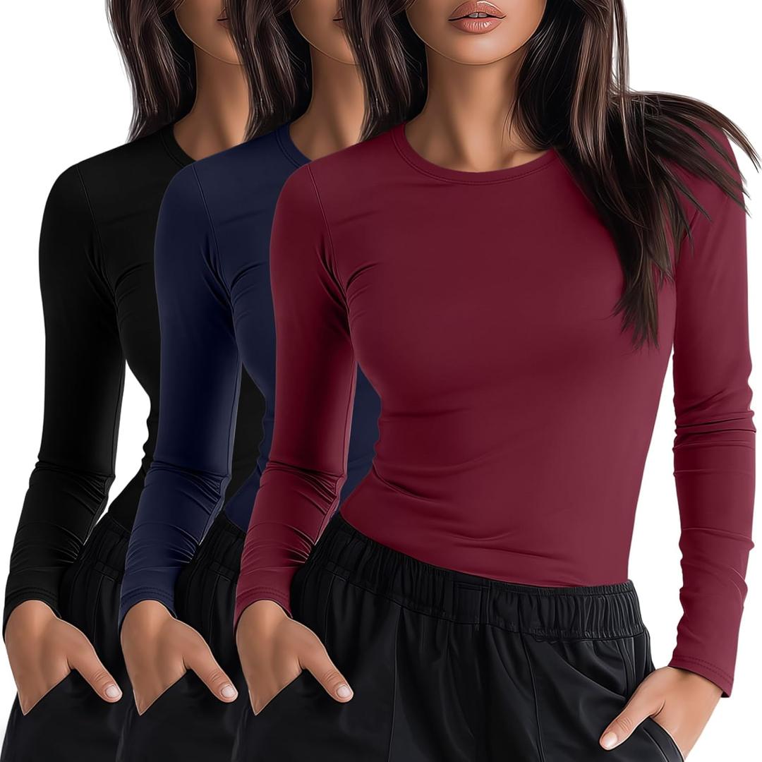 Neer 3 Pack Womens Underscrub Shirts Long Sleeve Crewneck Tops Fitted Layering Clothes Comfort Knit Tops for Nurse (X-Small, Black, Navy Blue, Wine Red)
