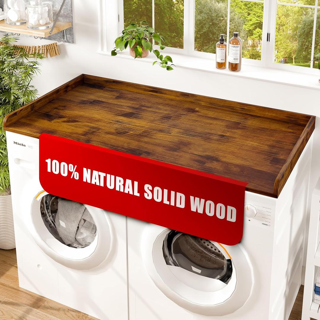 Avana (100% Natural Solid Wood Washer Dryer Countertop  Walnut Pine Laundry Countertop with Raised Edges, 54 x 27.5 Counter Top for Washer and Dryer, Laundry Room Organizer & Tabletop
