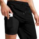 Men Swim Trunks with Compression 9 Inches Breathable Liner Quick Dry Zipper Pockets for Board Beach Gym Running (Black)