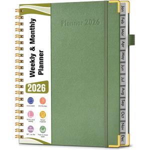 2026 Planner, Hardcover Leather Weekly and Monthly Planner, January 2026 - December 2026, Spiral Yearly Agenda Organizer Book 2026 with Tabs, Daily Calendar Planners for School Work Home, A4 (8.5" x 11"), Green