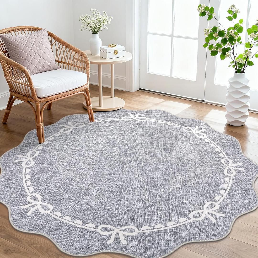 GarveeHome Scalloped Bow Rug for Living Room, 6ft Round Rugs Washable Solid Grey Rug for Dorm Soft Low Pile Non Slip Scalloped Rugs for Nursery Bedroom Decor Hallway Kids Room Playroom