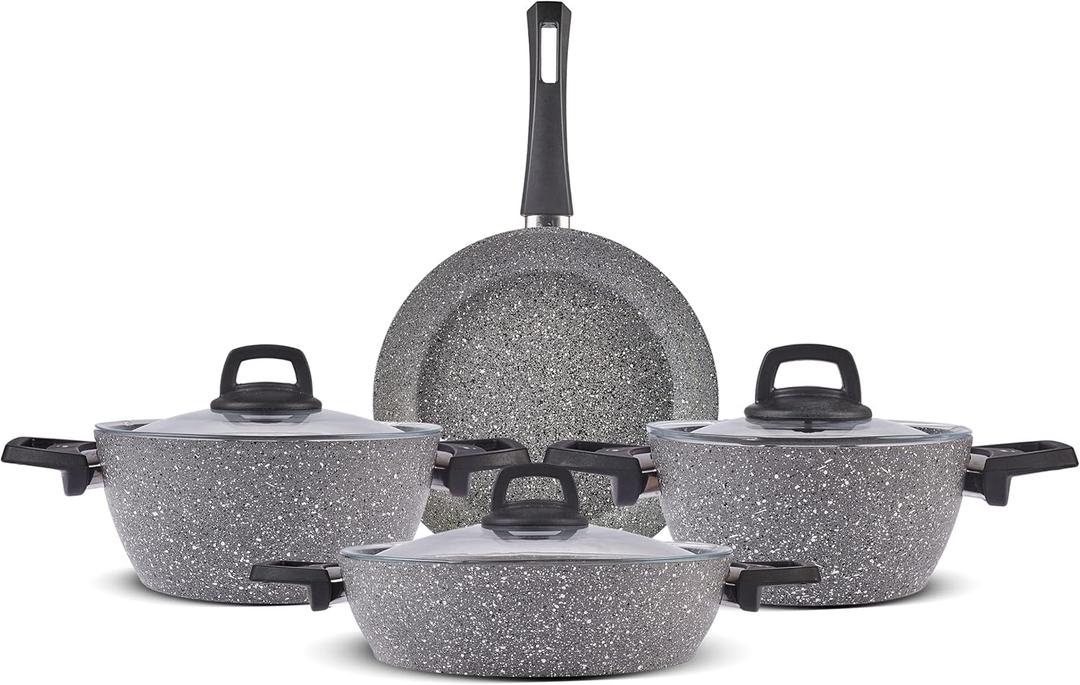 Karaca Gris BioGranite 7 Piece Granite Cookware Pot and Pan Set, Non-Stick Coating, Dishwasher-Safe & Induction Pot Set, Granite Pots and Pans, 3 Pots with 3 Glass Lids and 1 Frying Pan (7 Pieces, Gray)