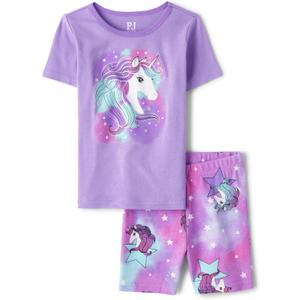The Children's Place Girls' 100% Cotton Sleeve Top and Shorts,2 Piece Pajama Set (4, Purple Unicorn)