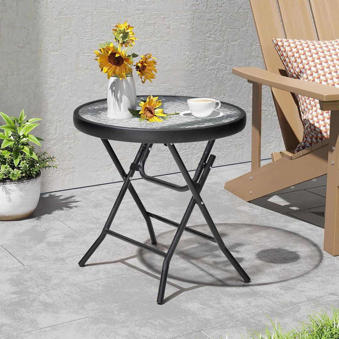 Foldable Side Table with Tempered Glass Top 18" Outdoor Folding Side Tables Small Glass Patio Table for Porch Yard Balcony Deck Lawn Dining Garden (Black)