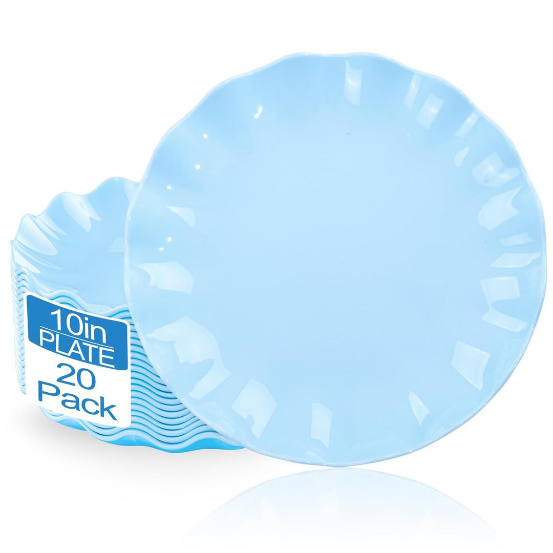 LIYH 20 Pcs 10 Inch Light Blue Plastic Plates Reusable - Unbreakable Scalloped Dinner Plates for Baby Shower Party Outdoor Picnics Dishwasher Safe BPA Free