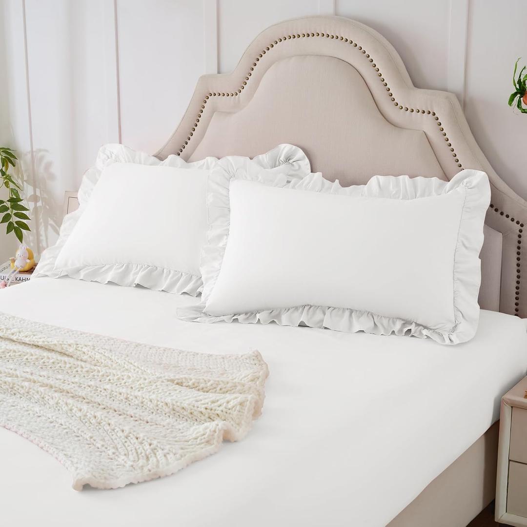 Homiest 2-Pieces Ruffle Pillow Case & Fitted Sheet Set, White Twin Sheets with Ruffled Pillow Shams, 15 Inch Deep Pocket, Cute & Coquette Microfiber Bed Set for Decorating Bedroom Hotel