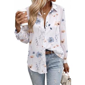 Zeagoo Button Down Shirts for Women Dressy Casual Floral Printed Collared Chiffon Blouse Long Sleeve Business Work Tops (White)