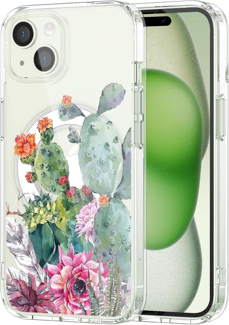 MAYCARI for iPhone 15 Pro Max Case Compatible with MagSafe, Magnetic Cute Cactus Flower Clear Phone Cover for Girls Women Soft TPU Hard Back Shockproof Protective Case for iPhone 15 Pro Max 6.7"
