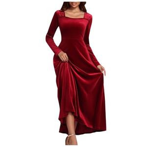 Fall Velvet Maxi Dress for Women Square Neck Long Sleeve Dresses Slim Flowy Casual Velour Outfit High Elastic Outfits,Red, Large