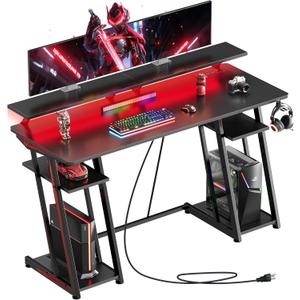 53-inch Gaming Desk with LED Lights & Power Outlets|Carbon Fiber Gaming Table with Monitor Stand & Adjustable Storage Shelves|RGB Ergonomic Gamer Desk for PC Setup, Esports & Streaming, Black